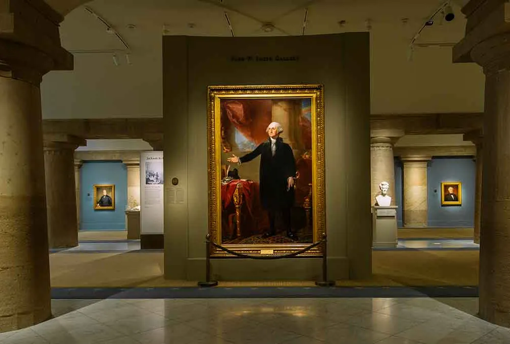 A painting of a portrait of George Washington, displayed in National Portrait Gallery. This portrait is a part of the America 250 Tour